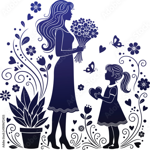 Mother and daughter in a garden with flowers and plants