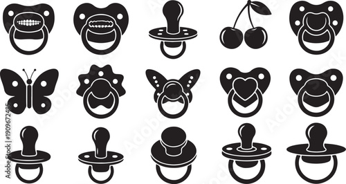 Black and white pacifier icons with cute animal designs