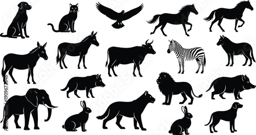 Animal silhouette collection with dog, cat, horse, cow, zebra, lion and elephant isolated on white background, farm and wildlife vector set