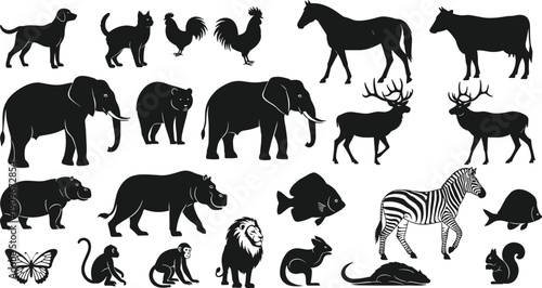 Animal silhouette collection with farm and wild species including dog, cat, horse, elephant, deer and zebra isolated on white background