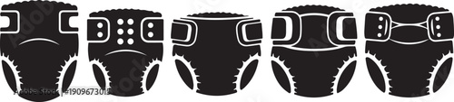 Variety of black diapers with different buckle designs shown