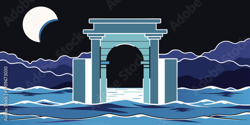 Ancient ruins submerged in water under moonlit night sky