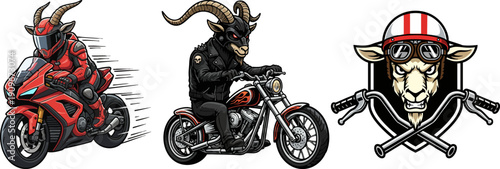 Vector Mascot Set of Goat and Ram Bikers on Motorcycles.