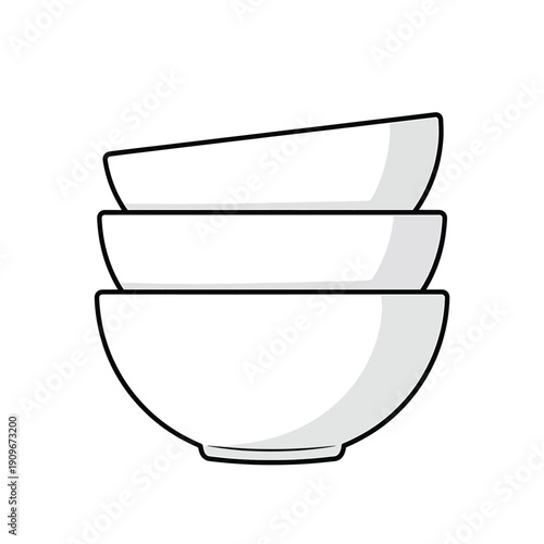 Illustration of stacked bowls, kitchen utensils, serving dishes, bowls, and dinnerware in a simple line art style