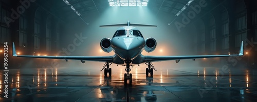 Luxury private jet parked inside aircraft hangar. Sleek modern business plane with engines and wings ready for flight. Corporate aviation transportation.