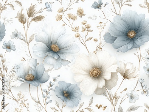 Elegant and sophisticated floral pattern in light blue, with delicate flowers scattered across the canvas
