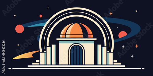 Futuristic cosmic observatory dome with orbital rings in space background