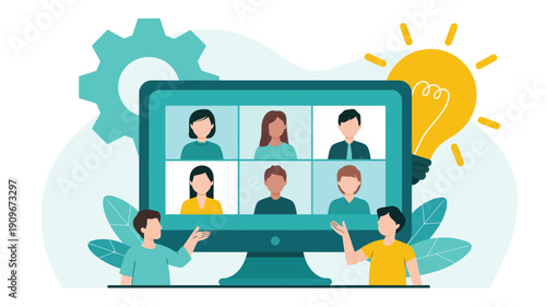 online team brainstorming meeting video conference collaboration with light bulb idea flat vector illustration innovation concept