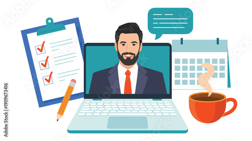 online consultation checklist concept businessman on laptop screen with documents calendar and coffee flat vector illustration