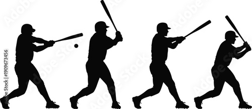 Baseball player batting sequence silhouettes, black vector illustration of hitter swing motion isolated on white background, sports action design set