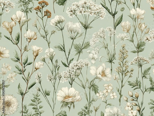 Charming seamless pattern of wild meadow flowers and herbs, watercolor and pencil sketch hybrid, gentle greens and creams, delicate vintage floral aesthetic, cottage core mood