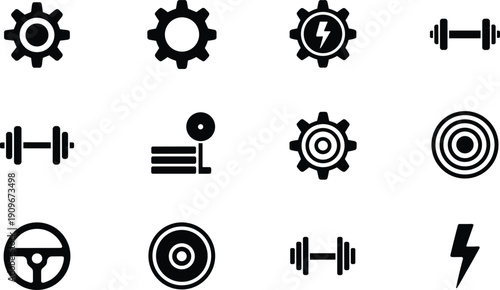 Silhouettes of gears, dumbbells, weight plates, lightning bolts, and fitness equipment, mechanical and energy icon vector illustration for design and UI