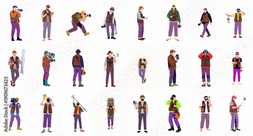 Diverse flat vector collection of male photographers, journalists, and media professionals wearing vests and holding professional camera, video, and sound recording equipment.