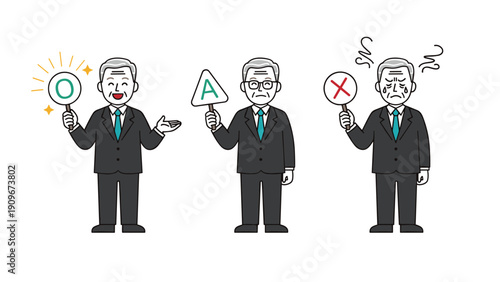 Senior man in a business suit holds up round signs with circle, triangle, and cross symbols showing different evaluations.