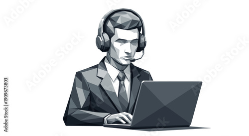 Low polygon illustration of businessman wearing headset using laptop, in shades of gray. Ideal for business presentations, customer service or technical support graphics.