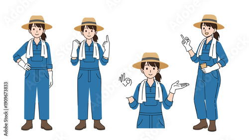 Female farmer wearing a straw hat and denim overalls shows different gestures like pointing and giving an okay signal.