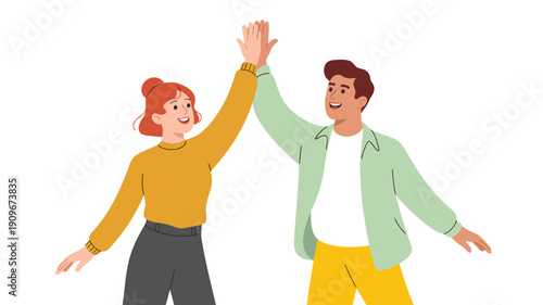 happy couple giving high five celebrating success friendship teamwork flat vector illustration positive relationship concept