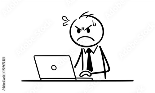 Angry Cartoon Businessman Grappling with Digital Challenges and Workplace Frustration