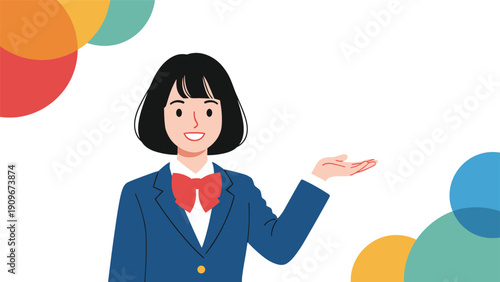 Young schoolgirl in a blue blazer and red bow tie holds her hand out in a welcoming gesture against a colorful background.