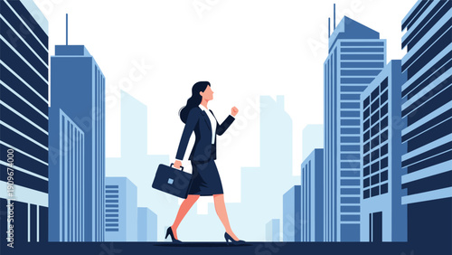 Confident businesswoman carrying briefcase and walking purposefully through city with tall skyscrapers in background.