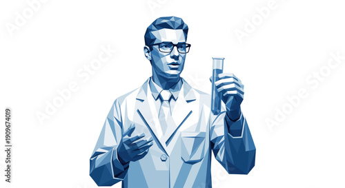 A polygon illustration of a scientist holding a test tube. For use in science, medicine, and research fields. Clean look with neutral color palette.