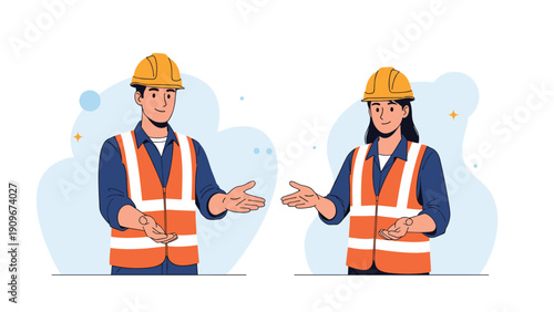 Male and female workers in orange safety vests and hard hats gesturing welcome with open hands on white background.