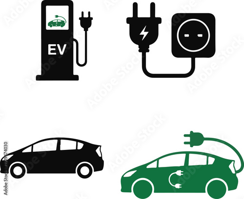 Electric vehicle charging station and car illustrations