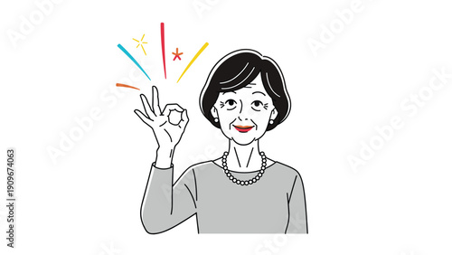 Happy senior woman with short dark hair making ok sign with her hand while smiling against white background.