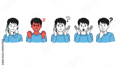 Young man showing various emotional reactions and facial expressions while talking on his smartphone in a simple style.