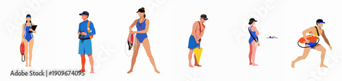 Flat vector illustration of male and female lifeguards isolated on white, equipped for beach or pool safety and rescue operations.