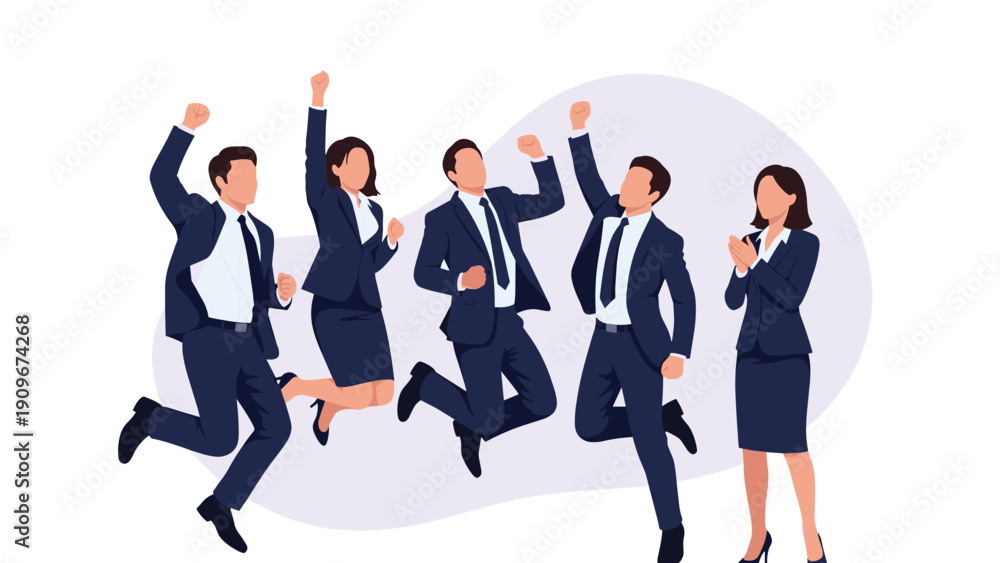 Obraz premium Group of happy business people in formal suits jumping and celebrating their success together with excitement.