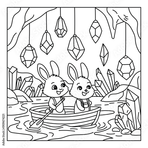 Cute Bunnies Boating in Magical Crystal Cave Coloring Page for Kids