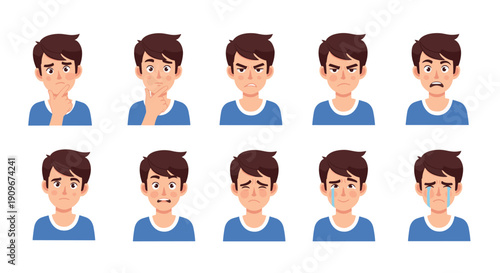 Set of diverse facial expressions for a young man in a blue shirt including confusion, anger, sadness, and joy.