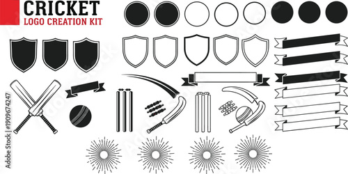 Cricket logo creation kit with bats, ball, wickets, shields and ribbons, black vector design elements collection isolated on white background