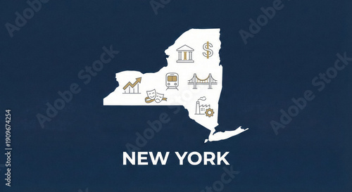 New York state map silhouette with finance, transport, industry, and culture icons on blue background.