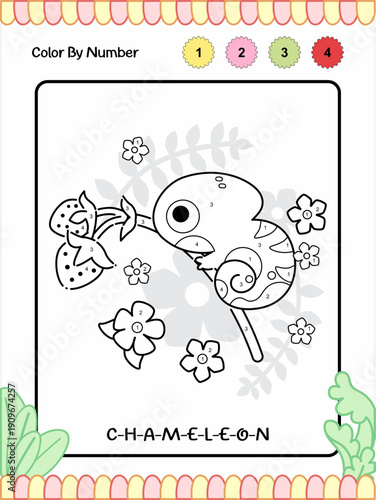 a hand drawn of chameleon coloring page for kids activity book