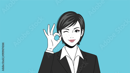 Confident business woman in a black suit making an okay hand gesture and winking against a bright blue background.