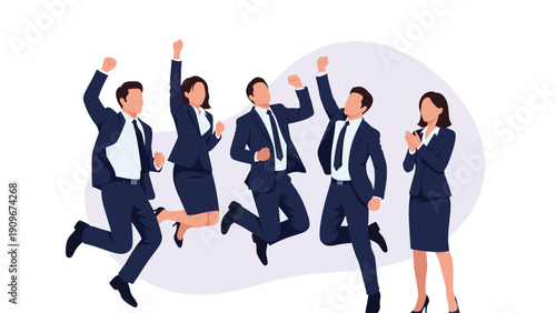 Group of happy business people in formal suits jumping and celebrating their success together with excitement.