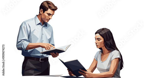 Illustration of a man and a woman discussing a book. Ideal for depicting education, training, business meetings, or teamwork in a modern polygonal style.