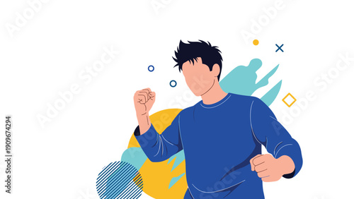 Faceless illustration of a young man in a blue sweatshirt striking a dynamic action pose with both clenched fists.