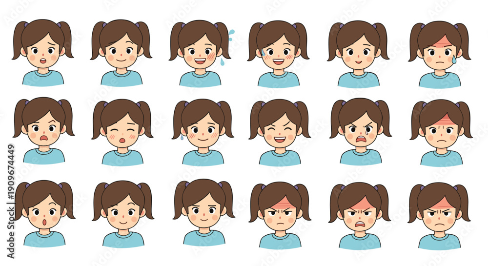 Obraz premium Extensive set of a young girl facial expressions depicting many emotions like happiness, anger, sadness, and illness.
