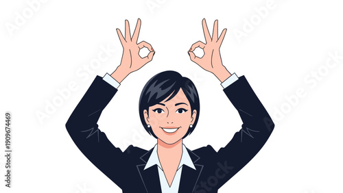 Confident business professional woman making a double okay gesture above her head to show total success and approval.