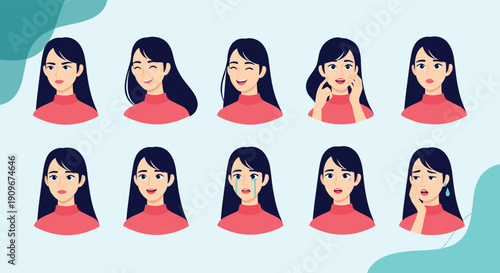 Detailed collection of facial expressions for a woman with dark hair showing diverse emotions like joy and pain.