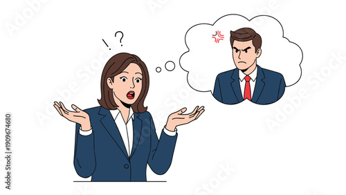 Concerned woman looking surprised while thinking about a very angry and frustrated businessman in a thought bubble.