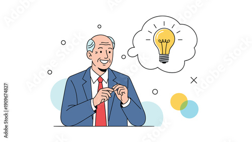 Smiling senior businessman in a suit having a brilliant idea represented by a glowing lightbulb in a bubble.