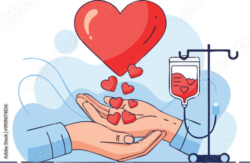 Hands holding red hearts with an IV drip nearby, symbolizing organ donation and medical care