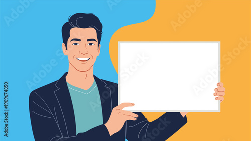 Smiling young man in a dark blazer holding a large blank white board for information or advertisement.