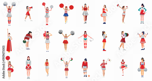 Diverse collection of female cheerleaders, sports fans, and athletic women characters performing spirit gestures, isolated vector illustrations on white background.