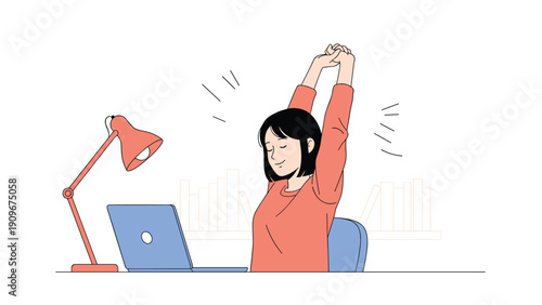 Young woman in an orange sweater stretching her arms while working at a laptop in her home office or study.