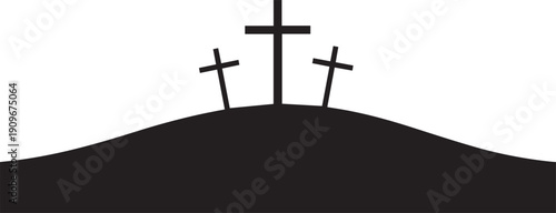 Vector silhouette illustration of three crosses on hill line art on transparent background